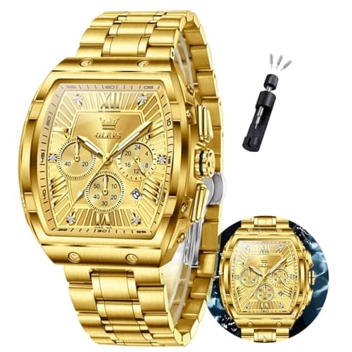 OLEVS Gold Watches for Men Luxury Large Face Rectangle Square Wrist Chronograph Waterproof Mens Watches Fashion Stainless Steel Dress Luminous Quartz Analog Moon Phase Calendar Relojes para Hombres - Image 1