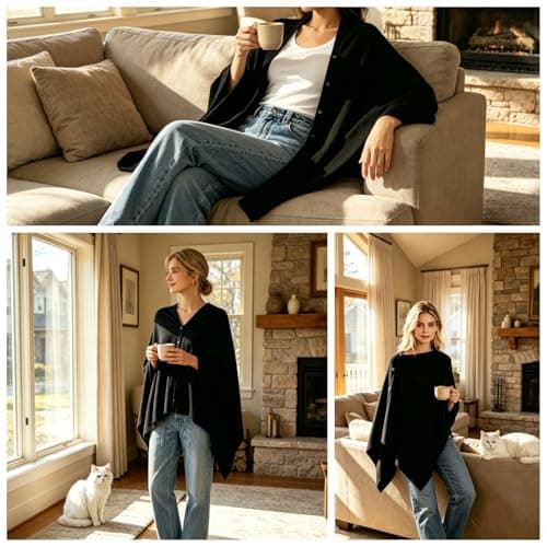 MissShorthair Versatile Women's Shawl Wrap – Soft Knitted Poncho Cape Scarf for Fall Winter black poncho sweater - Thumbnail 4