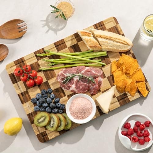 Decorative Checkered Thick Bamboo Cutting Board, End Grain Wood Chopping Board for Kitchen, Non-slip, Long-Lasting & Crack-Resistant, Serving Tray, Perfect Housewarming Gift 16.5”x11.6”x0.8” - Thumbnail 2