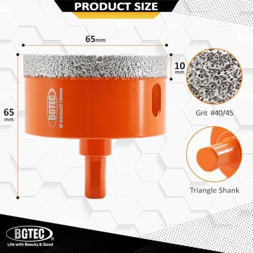 Dry Diamond Core Drill Bit, BGTEC 2Pcs 65mm 2-4/7" Vacuum Brazed Hole Saw with Triangle Shank for Porcelain Tile Ceramic Granite Marble Masonry - Thumbnail 2