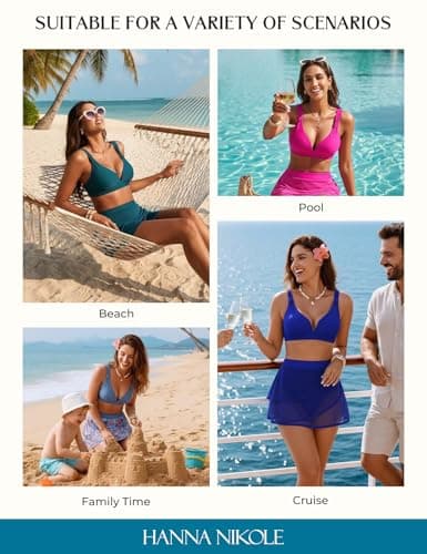 Hanna Nikole Women's Plus Size High Waisted Swimsuit Vintage Bikini Sets Mesh Layered Skirts with Brief Sporty XL Green Black - Thumbnail 5