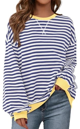 PRETTYGARDEN Womens Oversized Sweatshirt Casual Striped Color Block Long Sleeve Crewneck Pullover Tops Spring Y2k Clothes (Dark Blue White, Medium) - Image 1