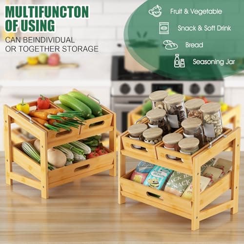Fruit Basket, Fruit Tray, 2 Tier Bamboo Fruits Basket Stand for Kitchen Countertop – Fruits Holder – Suitable for Bread, Vegetables, Produce, Home Storage and Display Pack of 2 - Thumbnail 4