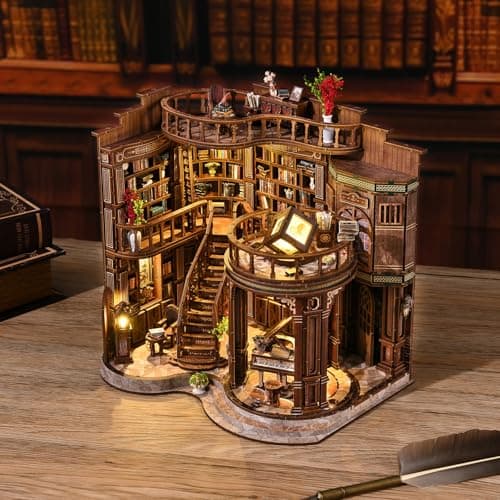 Havefunfun Dreamy Book Hall Book Nook Kit – DIY Miniature Dollhouse 3D Wooden Puzzle, Multi-Layer Vintage Library with LED Warm Light, Premium Imported Wood Bookends, Creative Gift for Adults & Teens - Thumbnail 3