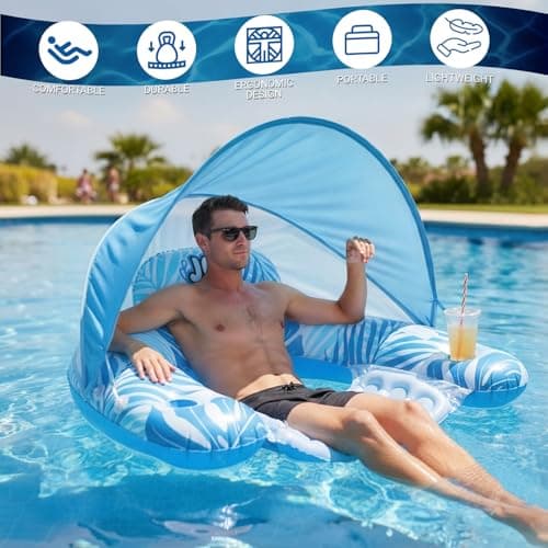 Pool Float for Adults with Canopy, XL Inflatable Chair Lounge Floaties with Adjustable Sun Shade Cover, Drink Holder, Ergonomic Headrest - Thumbnail 5