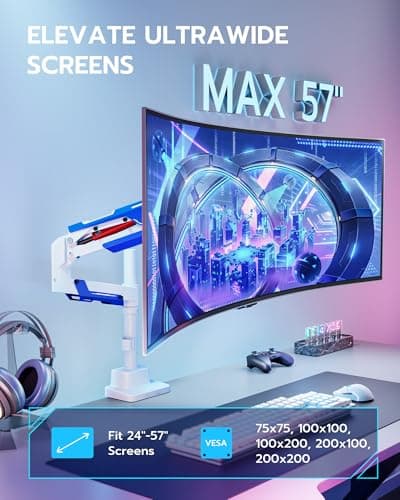 ARES WING CoreArm Single Monitor Mount with USB, Ultrawide Monitor Arm for 24 to 57'' Heavy Duty Curved Screen, Adjustable Gas Spring Monitors Arm Stand up to 66LBS with 75/100/200 Vesa Mount, White - Thumbnail 2