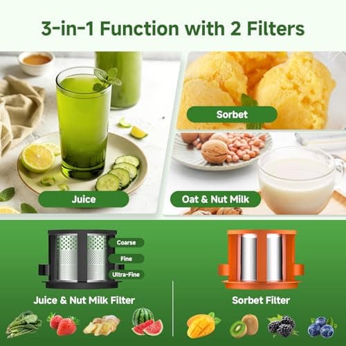 VANDISELL Cold Press Juicer, 3-in-1 Juicer Machines with 6.5" Large Feed Chute for Whole Fruits & Vegetables, 100oz Large Capacity for Family Use, Makes Juice, Nut Milk & Sorbet, Black - Thumbnail 5