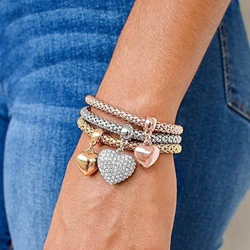 SILANER Crystal Charms Multilayer Bracelets - 3PCS Gold/Silver/Rose Gold Corn Chain Bracelet for Women, Tree of Life Heart Shaped Stretch Bracelet(Solid Hearts Charm) - Thumbnail 3