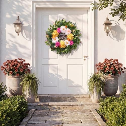 AMORISE 24" Wreaths for Front Door with Hydrangea Dahlia Phalaenopsis Spring&Summer Artificial Flowers for Outdoor Wedding Party Front Door Porch Yard Patio Window Box Home Decor - Thumbnail 5