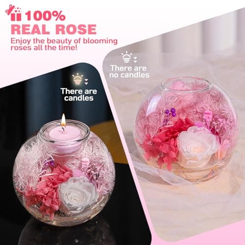 Aoshin Preserved Flowers Rose in Glass Dome with Candle, Eternal Flowers Gift Set for Women Wife Girlfriend Mom Grandma - Mother Day Christmas Anniversary Birthday Gift (White-Rose) - Thumbnail 2
