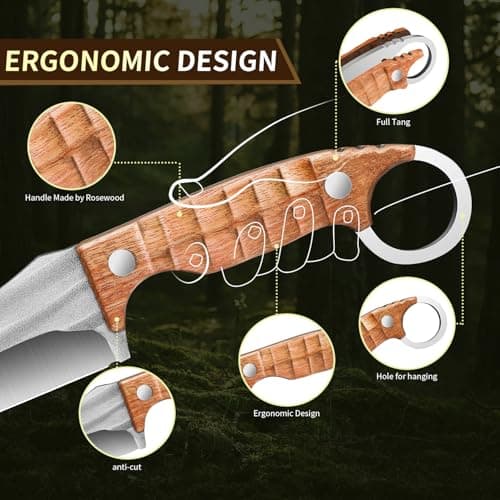 Plys 3-Piece Fixed Blade Hunting Knife Set, 420J2 Stainless Steel Full Tang Survival Knives, Rosewood Non-Slip Handle, Outdoor Camping Hiking Kitchen Knife Not Sheath - Thumbnail 6