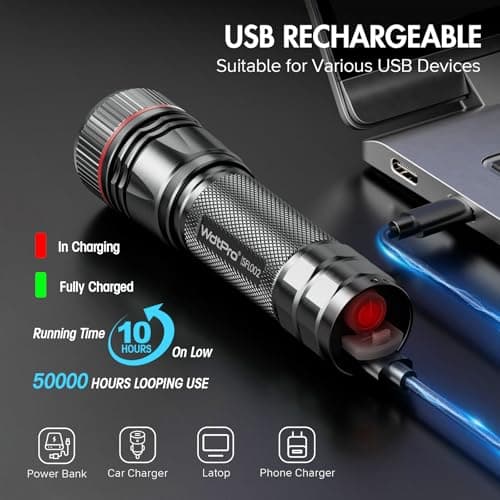 WdtPro Rechargeable Flashlights High Lumens, 2 Pack 10H Long Lasting Super Bright EDC Flashlight, LED Mini Tactical Flash Lights for Camping Emergency, Drop & Water Resistant Grey(Battery Included) - Thumbnail 3