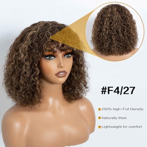 JOEDIR HAIR Fluffy Wig Human Hair Wigs for Black Women Wear and Go Afro Curly Bob Wig with Bangs 12 Inches Water Wave Glueless Wigs 250% Density (F4/27 Ombre Brown) - Thumbnail 6