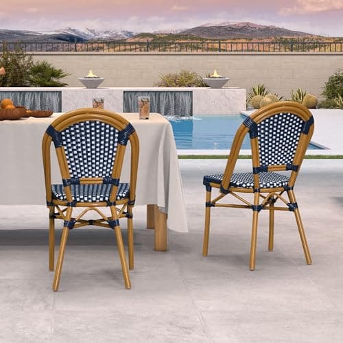 PURPLE LEAF Outdoor Dining Chair Set of 2 Patio French Aluminium Frame in Bamboo Finish with Navy Blue & White Woven Rattan for Kitchen Deck Bistros Cafe Restaurant - Thumbnail 3