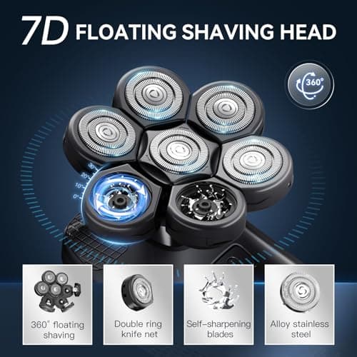 7D Head Shavers for Bald Men - 5 in 1 kensen Electric Head Hair Shaver, Head Electric Razor with Nose Hair & Beard Trimmer Cordless IPX6 Waterproof Wet Dry LED Display Travel Case - Thumbnail 3