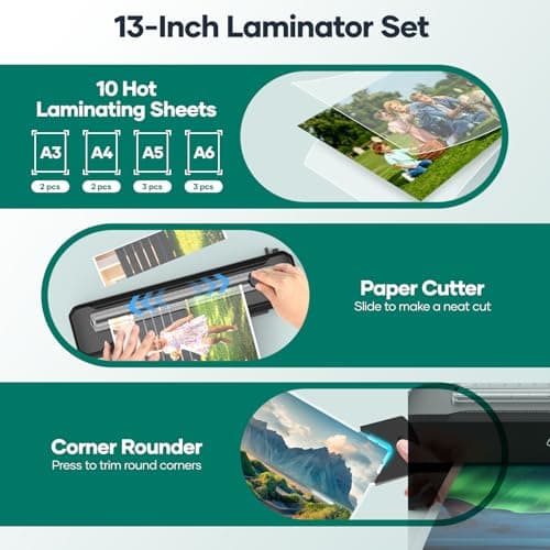Laminator Machine 13-Inch,A3 Laminator Thermal with10 Laminating Sheets,Cold with Paper Trimmer, Home laminator High-Speed Jam-Free, Low-Noise Laminating Machine(Black) - Thumbnail 4