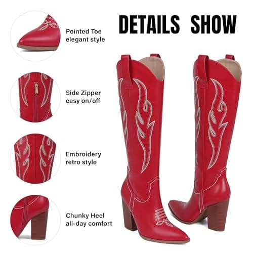 Celbreez Womens Cowboy Boots Red Cowgirl Boots with Embroidered Knee High Cowboy Boot Women Pointed Toe Side Zipper Western Boot Leather Wide Calf Chunky Heel Country Shoes - Thumbnail 6