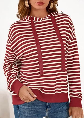 KIRUNDO Sweatshirt For Women Casual Loose Striped Long Sleeve Drawstring Hoodie Pullover Hooded Tops Fashion Clothing(Red, Medium) - Thumbnail 4