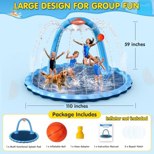 Instraella Splash Pad for Kids and Dog, 110" 2-in-1 Large Sprinkler Mat with Basketball Hoop and Arch for Kids Outdoor Play, Shoot Game for Backyard, Inflatable Water Toys More Fun for Boys and Girls - Thumbnail 5