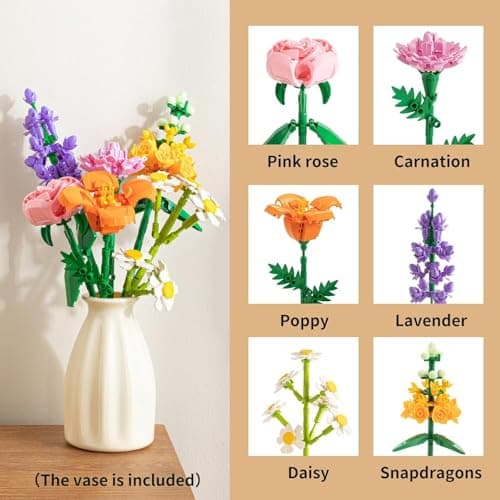 Huanger 15PCS Flower Bouquet Building Set, 523PCS Floral Blocks Toy for Kids - Thumbnail 3