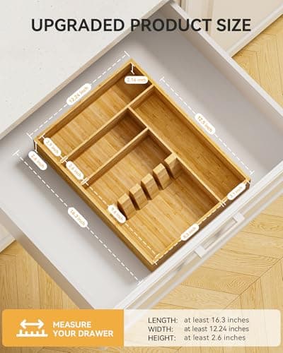 Yofidra Bamboo Silverware Organizer, 16.3″x12.24″x2.6″ Kitchen Utensil Drawer Organizer, Silverware Tray for Drawer with Fixed Slots for Spoons, Forks & Knives, Natural - Thumbnail 2