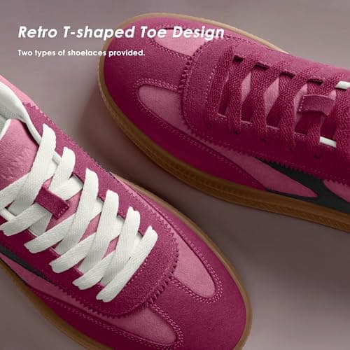Vilanva Women's Fashion Sneakers Casual Tennis Shoes with Genuine Suede Classic Retro Gum Sole Walking Trendy Footwear Pink Multi - Thumbnail 5