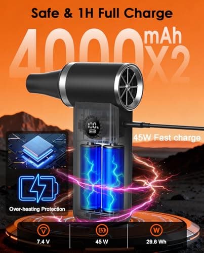 Efficore Super Power Compressed Air Duster, 180K RPM Brushless Motor, 45W Fast Charge; 4 Gears Adjustable Cordless Electric Air Duster; Rechargeable Air Blower for PC, Car, House, Outdoor Cleaning - Thumbnail 2