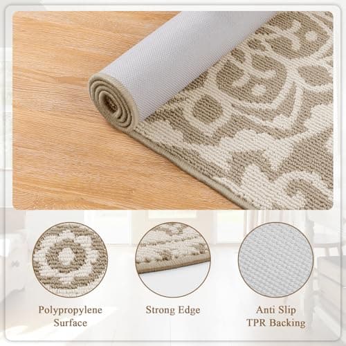 U'Artlines 4ft Round Area Rug Non Slip Low Pile Circle Floor Mat Beige - Thumbnail 3