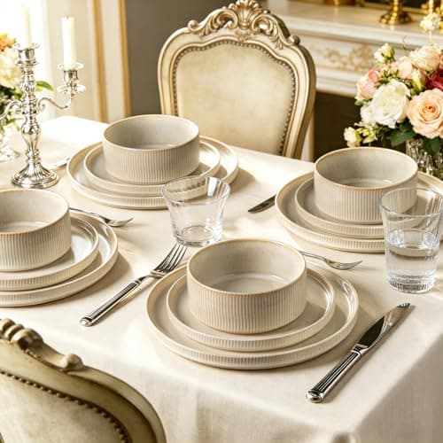 ALOFMO Stoneware Dinnerware Sets, Plates and Bowls Sets for 4, 12-Piece Ribbed Dishes – Chip & Scratch Resistant, Microwave and Dishwasher Safe Tableware, Beige - Thumbnail 2