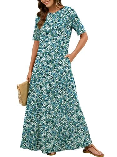 KORSIS Women's Short Sleeve Maxi Dress Casual Fall Winter Long T-Shirt Floral L Dresses Loose Fit Layering Sundress with Pockets - Image 1