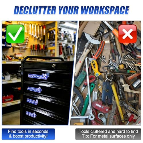 Magnetic Tool Box Labels and Hooks Set, 12 PCS Toolbox Magnetic Labels + 4PCS Self Adhesive Metal Hooks, Reusable Tool Box Accessories Organize for Steel Carts, Drawers, and Cabinets(Blue) - Thumbnail 2