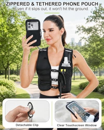 Running Vest with Touchscreen Phone Holder, 500ml/17oz Water Bottle Vest, Reflective Hydration Vest, 6 Pockets Zip Runners Vest – Lightweight, Adjustable, Breathable, Unisex - Thumbnail 2
