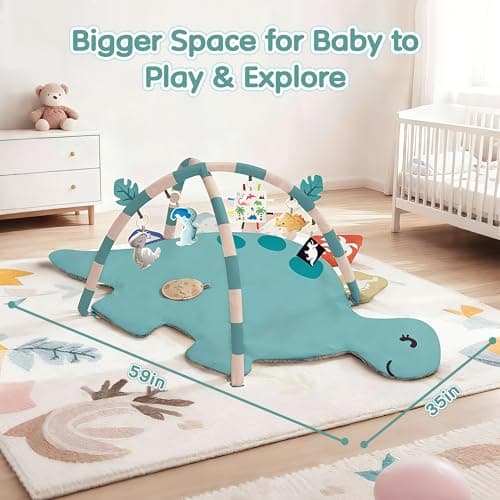 Baby Tummy Time Mat, Oversize Dinosaur Shaped Baby Play Gym Mat with 6 Toys, Play Mat for Babies 0-6-12 Months Promotes Motor Skills & Sensory Development, Newborn Essentials Infant Shower Gift - Thumbnail 2
