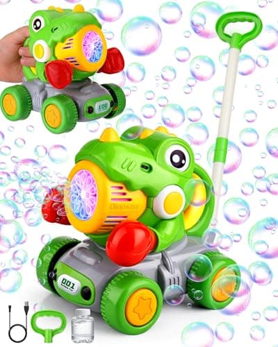 Dinosaur Bubble Lawn Mower for Toddlers, Rechargeable Automatic Bubble Blower with Lights,Handheld and Push 2 in1 Bubble Blower for Kid, Perfect for Party Favors and Activities for Girls and Boys - Image 1