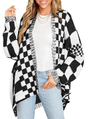 Saodimallsu Womens Checkered Sweater Color Block Plaid Cardigans Oversized Long Sleeve Knit Open Front Coats - Image 1