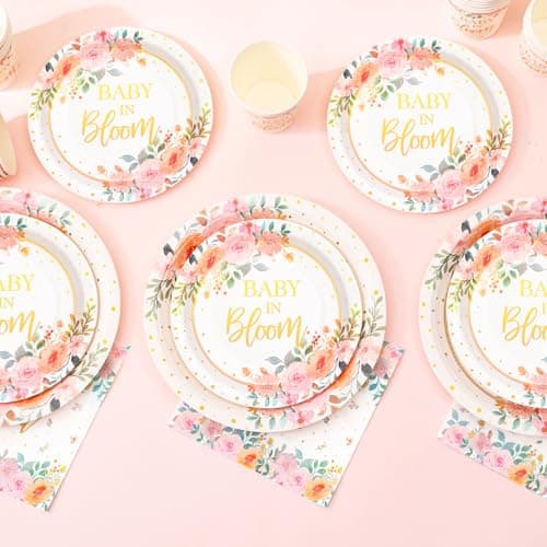 Gudvilla 350 Pcs Baby in Bloom Baby Shower Decorations for Girl, Its a Girl Baby Shower Plates and Cups and Napkins Sets, Pink Floral Baby in Bloom Plates and Napkins Sets, Serves 50 - Thumbnail 6