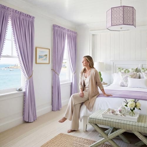 NICETOWN Lilac Purple Velvet Curtains 96 Inch Length (2 Panels) – Pom Pom Room Darkening Drapes for Nursery & Kids Room, Thermal Insulated Soft Window Treatments Whimsical Charm Decor - Thumbnail 2
