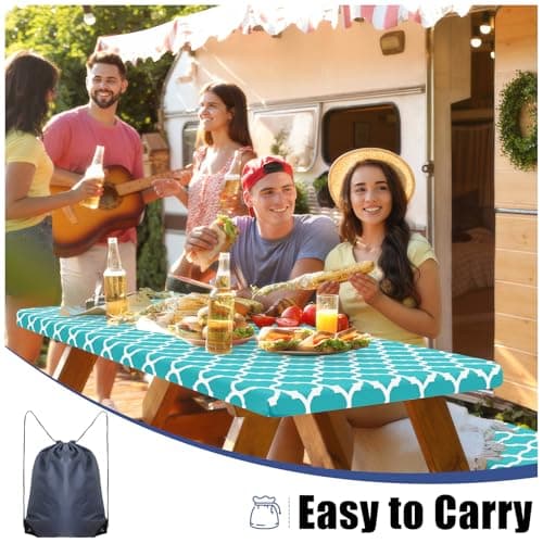 Smiry Picnic Table Cover with Bench Covers, Waterproof Elastic Fitted Tablecloth for 6 Foot Tables, Washable Polyester Tablecloths for Camping, Indoor & Outdoor (Teal, 30x72 Inch 3-pc Set) - Thumbnail 5