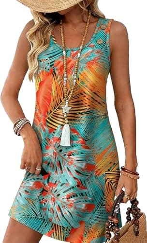 WEESO Floral Dresses for Women Summer Dresses Mini Sundresses Tank Flowy Casual Dress with Pockets Cruise Outifts Clothes Trendy 2025 Orange M - Image 1