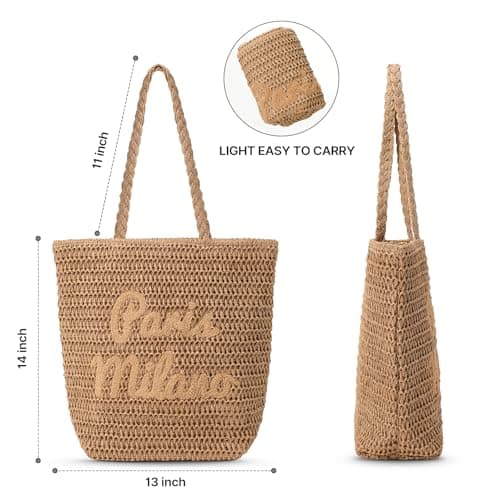 fauson Straw Beach Bags for Women Beach Travel Shopping - Handmade Woven Rattan Straw Large Boho Tote Handbag Purse, Lightweight Summer Vacation with Zipper Pocket, Foldable Carryall - Natural Large - Thumbnail 5