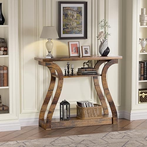 UODERS Wooden Console Table with Curved Legs and Shelf, 3-Tier Modern Accent Narrow Sofa Table for Entrance Area, Living Room, Hallway, 47 in Wide Wood Console Table for Entryway (Retro) - Thumbnail 3