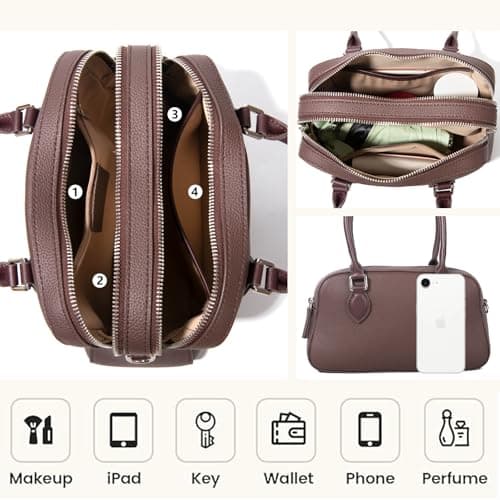 Genuine Leather Handbags Purse for Women Small Tote with Zipper, Top Handle Satchel Cross Body Bag Structured Organizer for Light Travel Everyday Carry Coffee Brown - Thumbnail 4