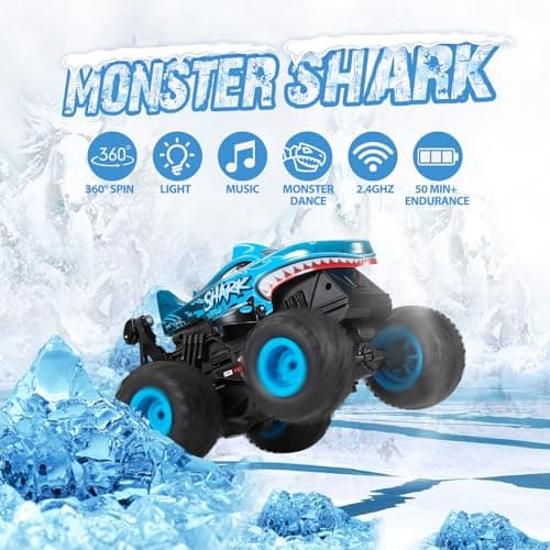 DYODYORC Remote Control Car, 2.4Ghz All Terrain Shark Monster Truck Toys, RC Truck with Music, 3 Lighting Effects, 360 Stunt Capable, 2 Batteries Ready to Run, Toy Gifts for Boys and Girls (Blue) - Thumbnail 3