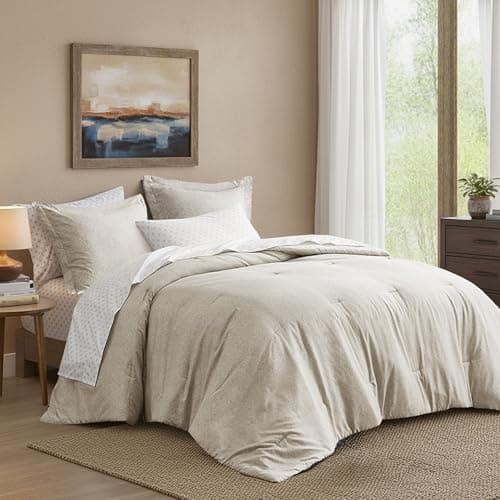 Regency Heights King Size Comforter Set, Lightweight 7 Pieces Neutral Bed in a Bag All Season Chambray Print Bedding Set Ultra Soft Comforter, Farmhouse Sheets, Pillowcase & Sham