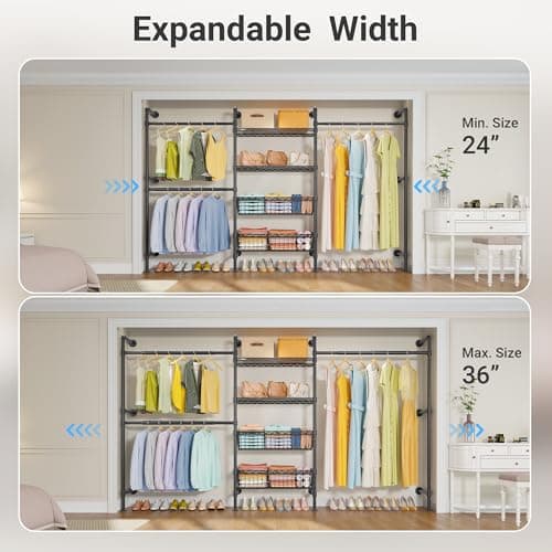 Timate X3 Expandable Heavy Duty Clothes Rack Wall Mounted Clothing Rack for Hanging Clothes, Industrial Pipe Closet System for Walk in Closet Kit Wall Mount Clothes Rack with Basket, Black Wall Closet - Thumbnail 3