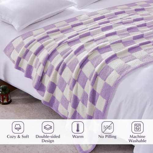 WRENSONGE Checkered Throw Blanket, Purple Soft Cozy Fluffy Warm Hand Made Throw Blankets for Couch, Sofa, Chair, Bed, Camping, Picnic, Travel Lightweight Bed Blanket - 60"*80" - Thumbnail 4