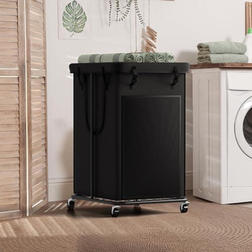 Laundry Basket 155L, Oxford Fabric Laundry Hampers, Metal Frame and Removable Bag Design with Wheels, Suitable for Bedroom, Bathroom, Dorm Room, Laundry Room (Pure Black) - Thumbnail 6