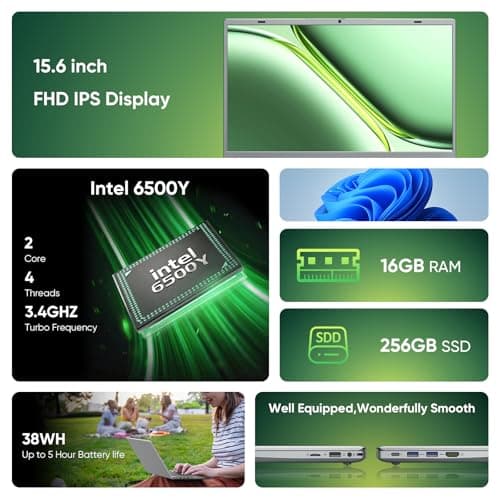 VIGSENUP 15.6" Laptop 16GB RAM 256GB NVMe SSD, Pentium Gold 6500Y (Beats N5095 up to 3.4GHz), Lightweight Notebook PC for Student Business Office, HD Port,Type-C PD Charging - Thumbnail 2