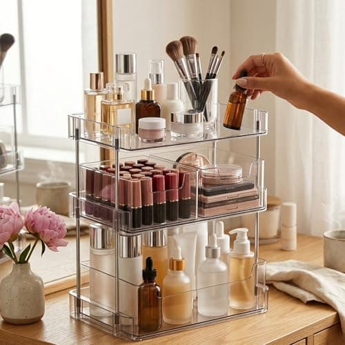 JessLab Clear Makeup Organizer, 3-Tier Vanity Storage with Removable Drawers, Large Capacity Cosmetic Rack for Tall Bottles, Perfume, Lipstick, Bathroom Countertop - Thumbnail 6
