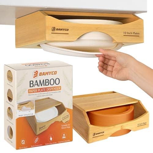 Bamboo Paper Plate Dispenser Under Cabinet for 10 Inch Paper Plates - Plate Organizer for Cabinet – Storage Paper Plate Holders Reusable for Kitchen organizer and Plastic Dinner Plates Disposable - Image 1